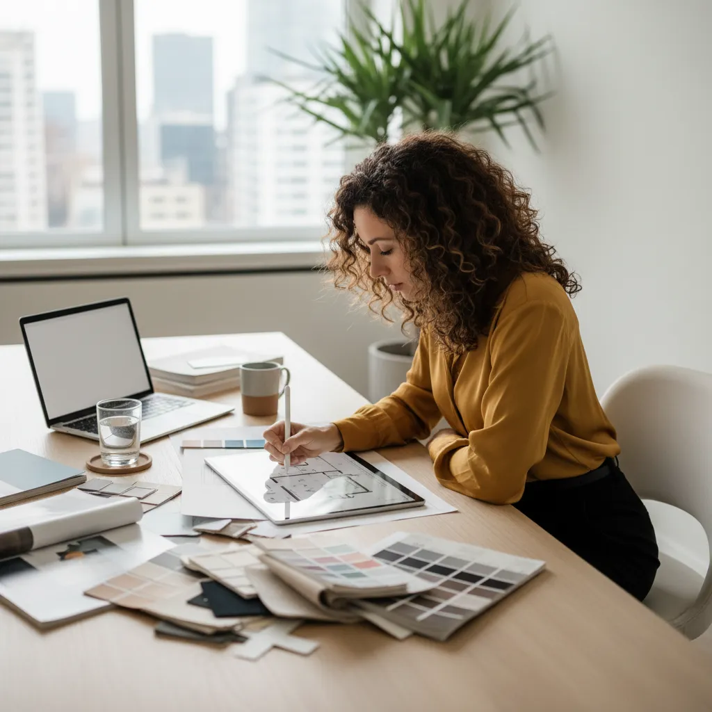 Female lead designer in her 30s with curly hair, wearing a mustard blouse, sketching renovation plans at a modern desk. The workspace features color swatches and a laptop, highlighting her creative and detail-oriented approach.