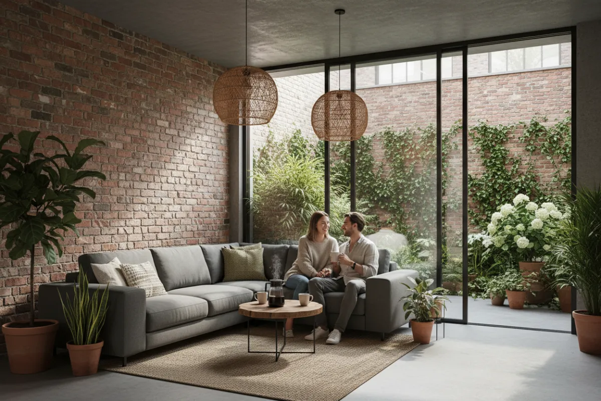 Modernized living room with exposed brick wall, sleek gray sectional, and large glass doors opening to a garden. A couple enjoys coffee together, surrounded by greenery and natural textures, reflecting a harmonious indoor-outdoor lifestyle.