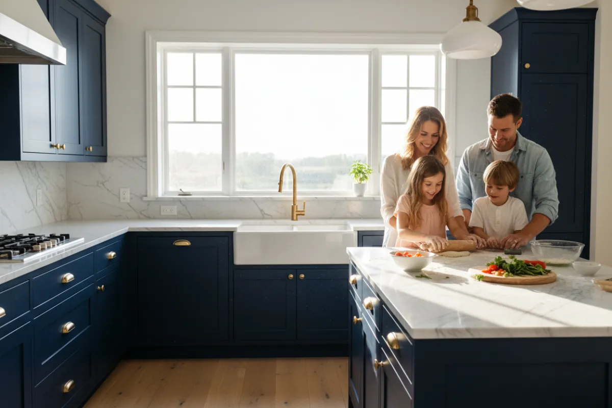 Renovated kitchen with white marble countertops, navy blue cabinets, and gold fixtures. Sunlight streams through a large window, highlighting a family preparing a meal together, creating a sense of warmth and togetherness.