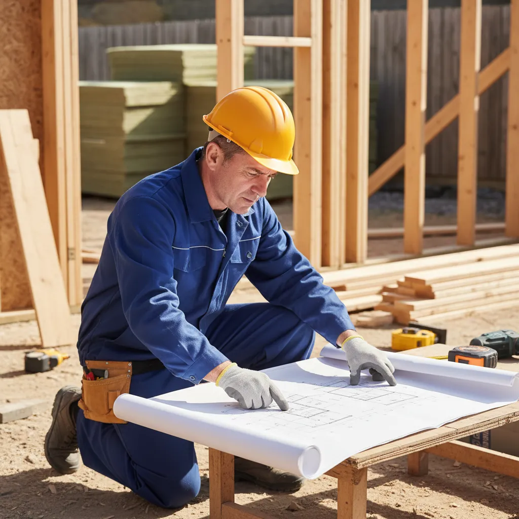 Experienced contractor in blue uniform reviewing architectural plans at a sunlit construction site, with tools and building materials in the background. The scene conveys professionalism, focus, and hands-on expertise in residential renovation.