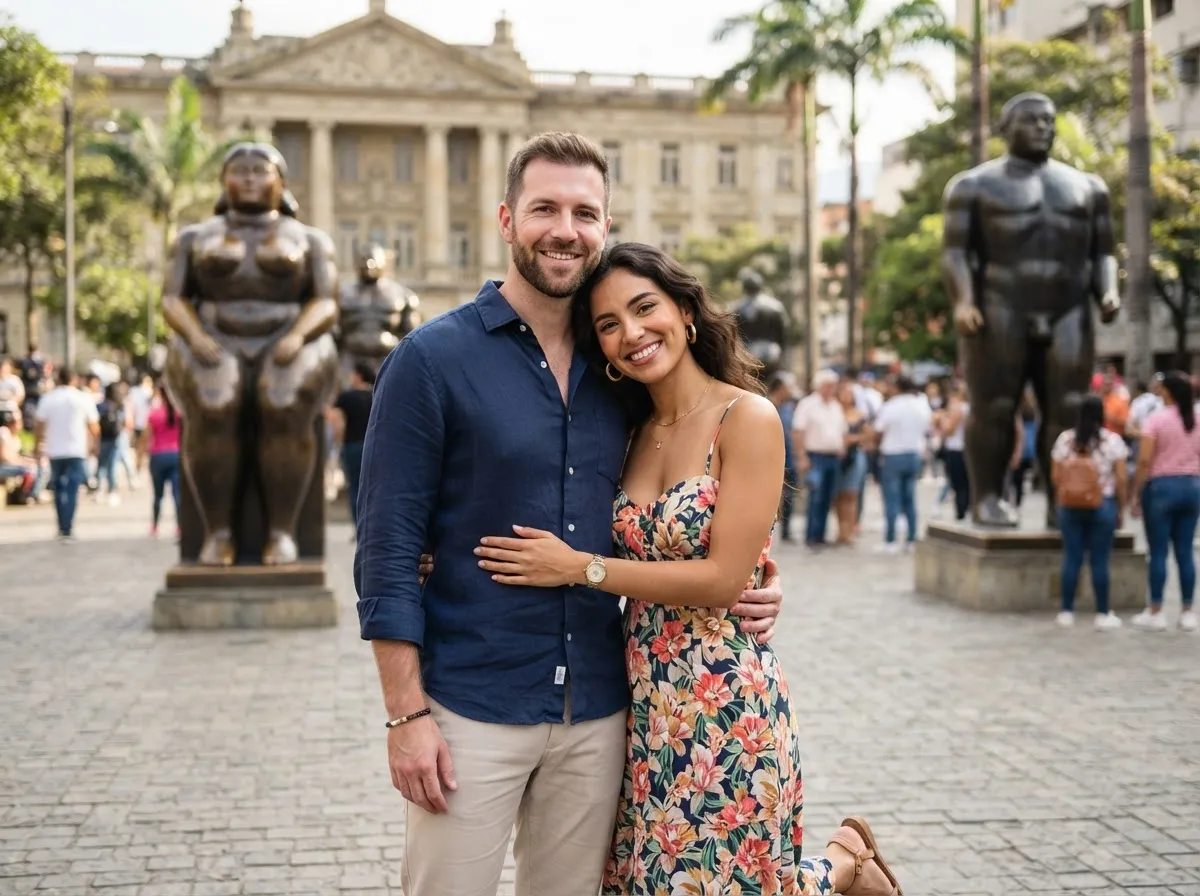 White man with Medellín Colombian woman at Plaza Botero, Medellín
