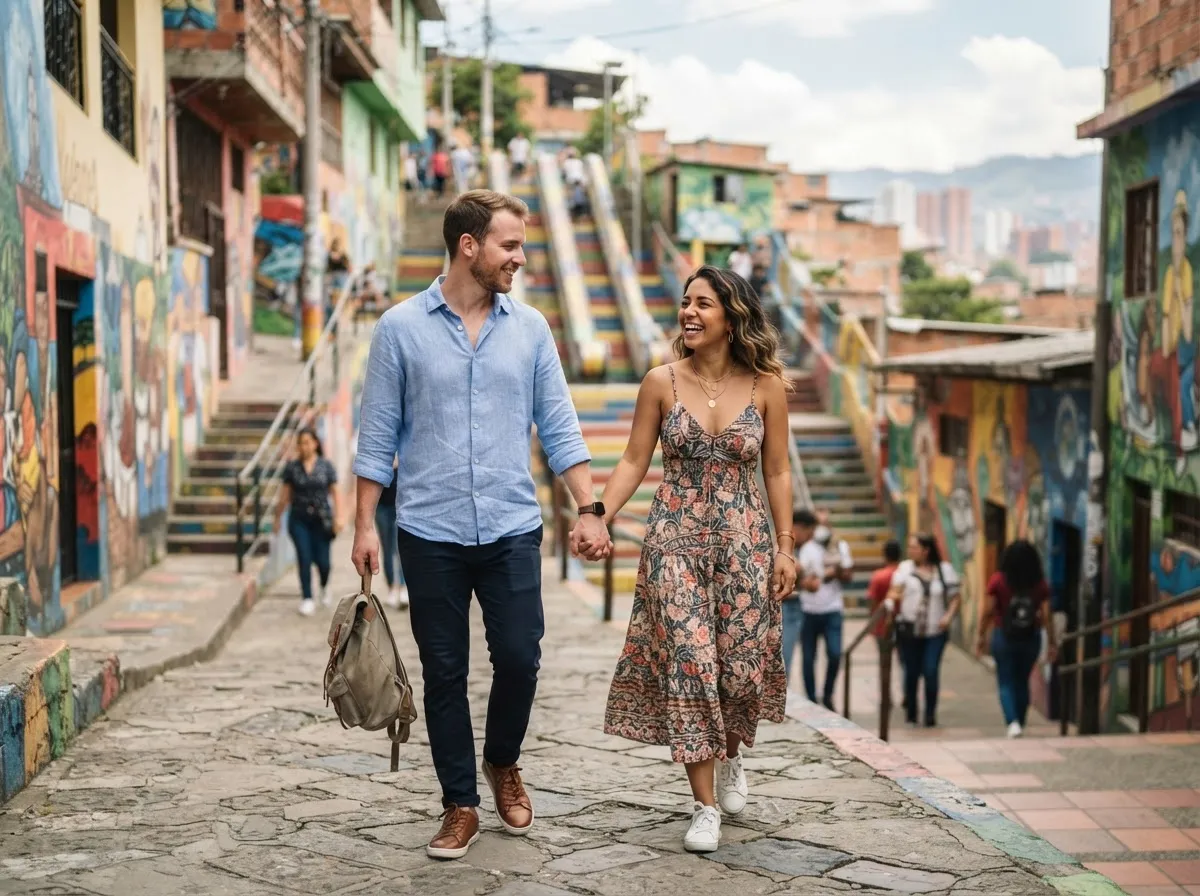 White man with Medellín Colombian woman in Comuna 13, Medellín