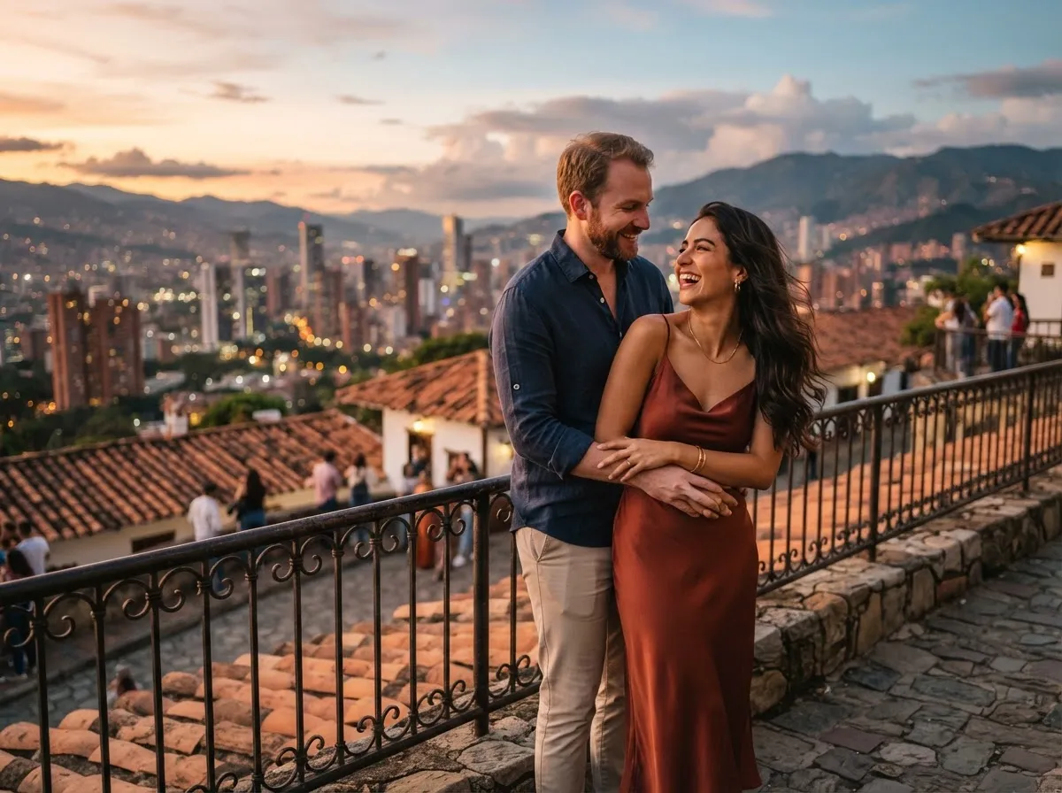 White man with Medellín Colombian woman at Pueblito Paisa viewpoint, Medellín