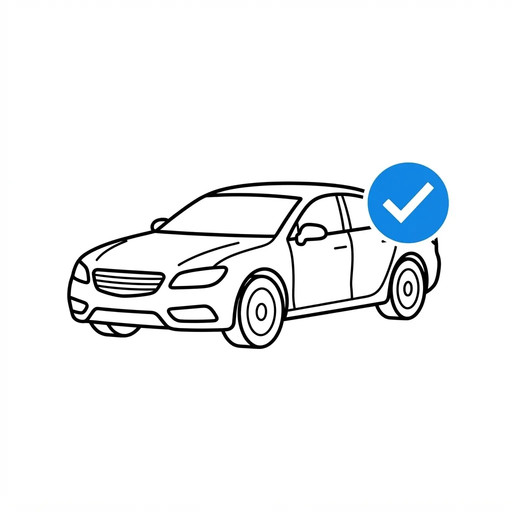 Simple black outline illustration of a car with a blue checkmark badge.