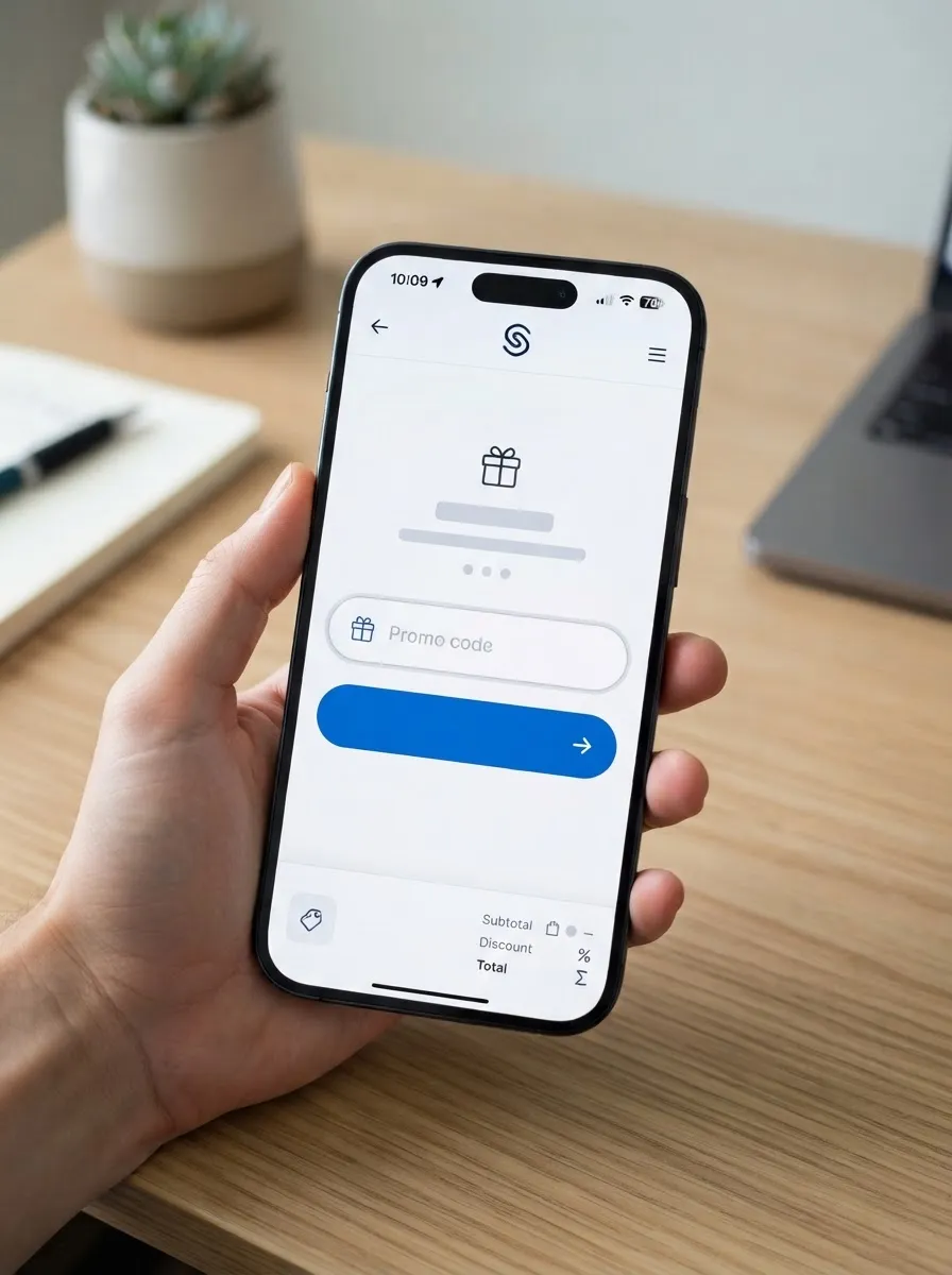 Mockup of a smartphone screen showing a promo code entry field with a 'Continue' button.