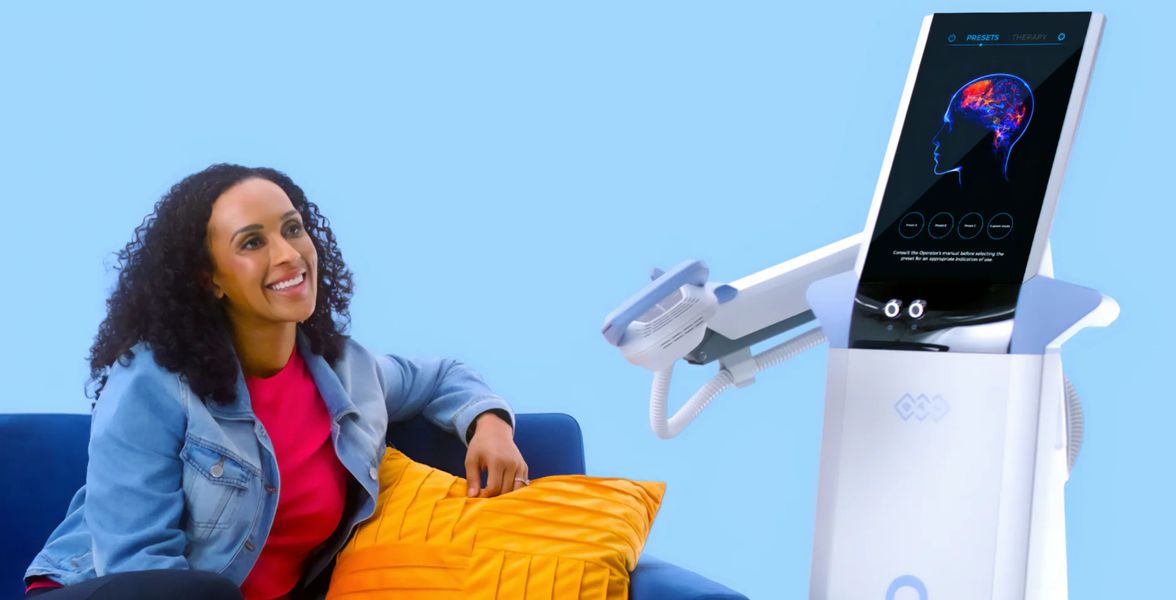 Woman on yellow couch