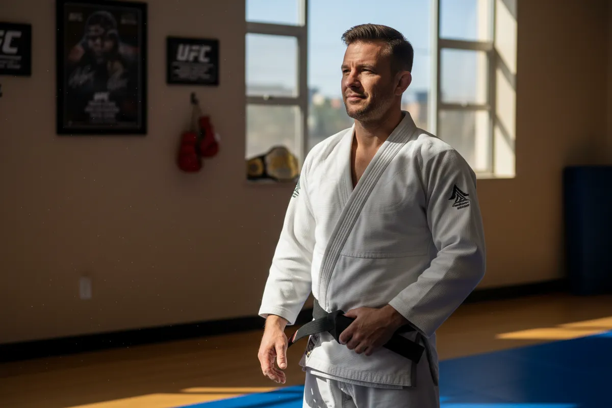 Portrait of Kyle, a fit man in his late 30s with short hair and a calm demeanor, wearing a BJJ gi with a black belt, standing in a sunlit gym, subtle UFC memorabilia in the background. 3:2 aspect ratio.