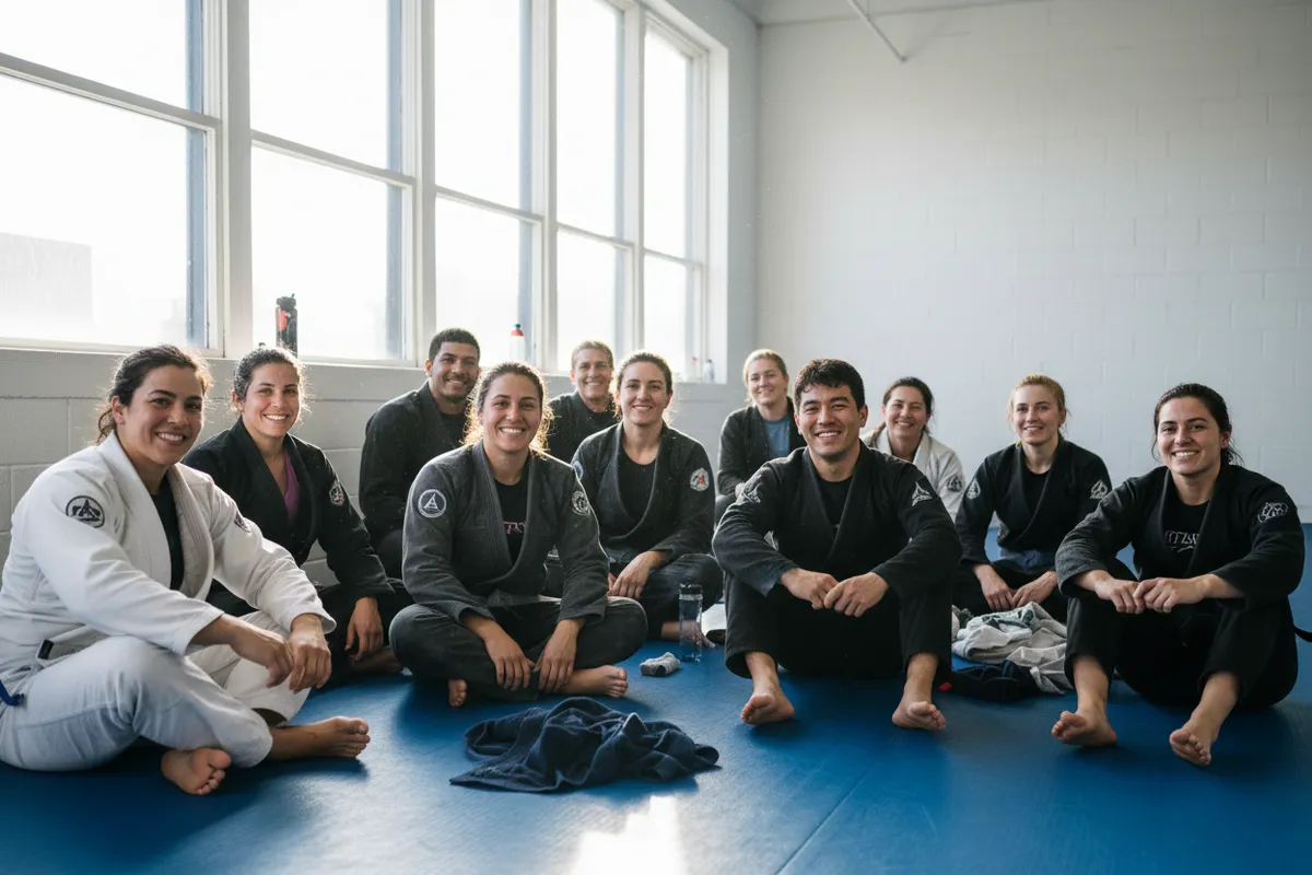 A diverse group of BJJ practitioners, men and women of various ages and ethnicities, smiling and relaxed after training, sitting on blue mats in a bright, modern gym. The group exudes camaraderie and energy, with gis and rashguards, natural daylight streaming in. 3:2 aspect ratio.
