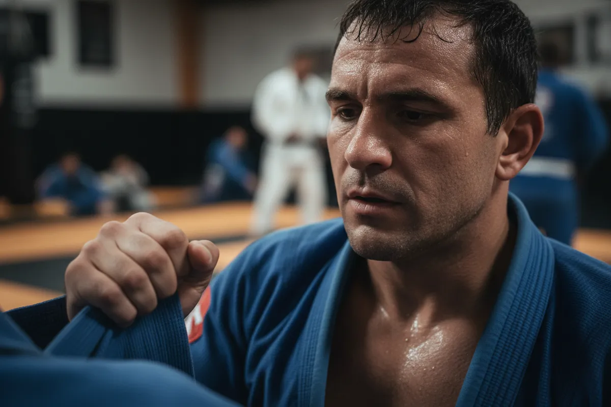 Close-up of a focused BJJ practitioner, mid-30s, calmly breathing and gripping an opponent’s sleeve during a roll, sweat visible, gym background blurred, emphasizing composure and control. 3:2 aspect ratio.