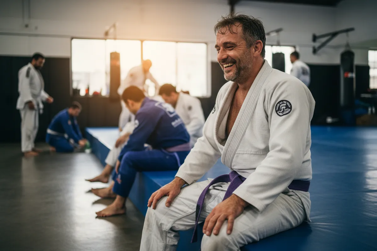A BJJ student in their 40s, smiling and catching their breath after a tough roll, sitting on the edge of the mat, sweat on brow, teammates in background, gym atmosphere, sense of accomplishment. 3:2 aspect ratio.