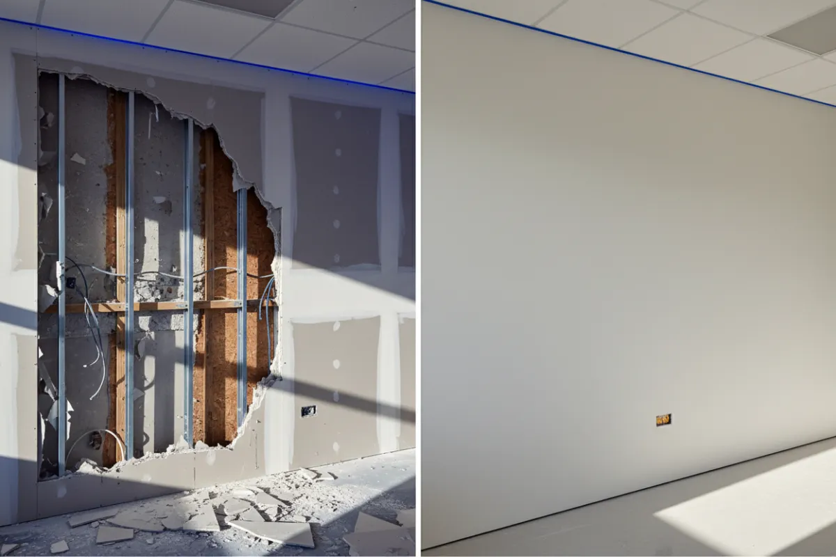 Before and after side-by-side commercial drywall repair