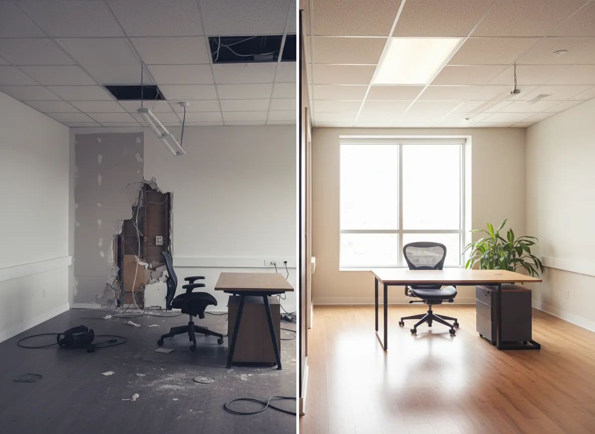 Commercial workspace before and after rapid repair