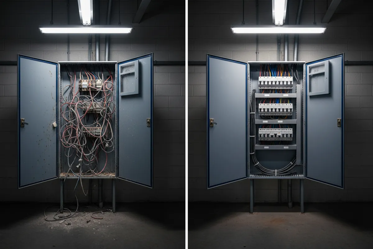 Commercial electrical panel upgrades and architectural lighting repair before and after