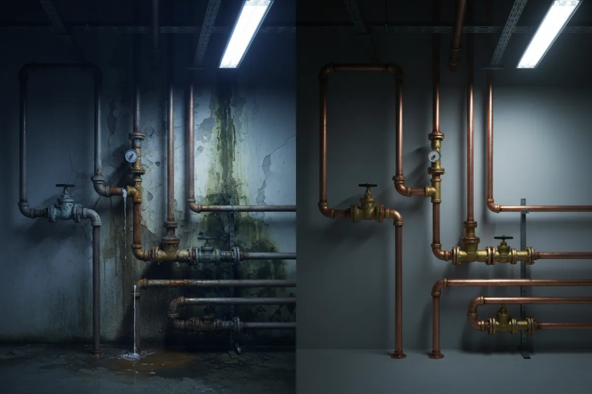 Commercial plumbing before and after repair work showing technical precision