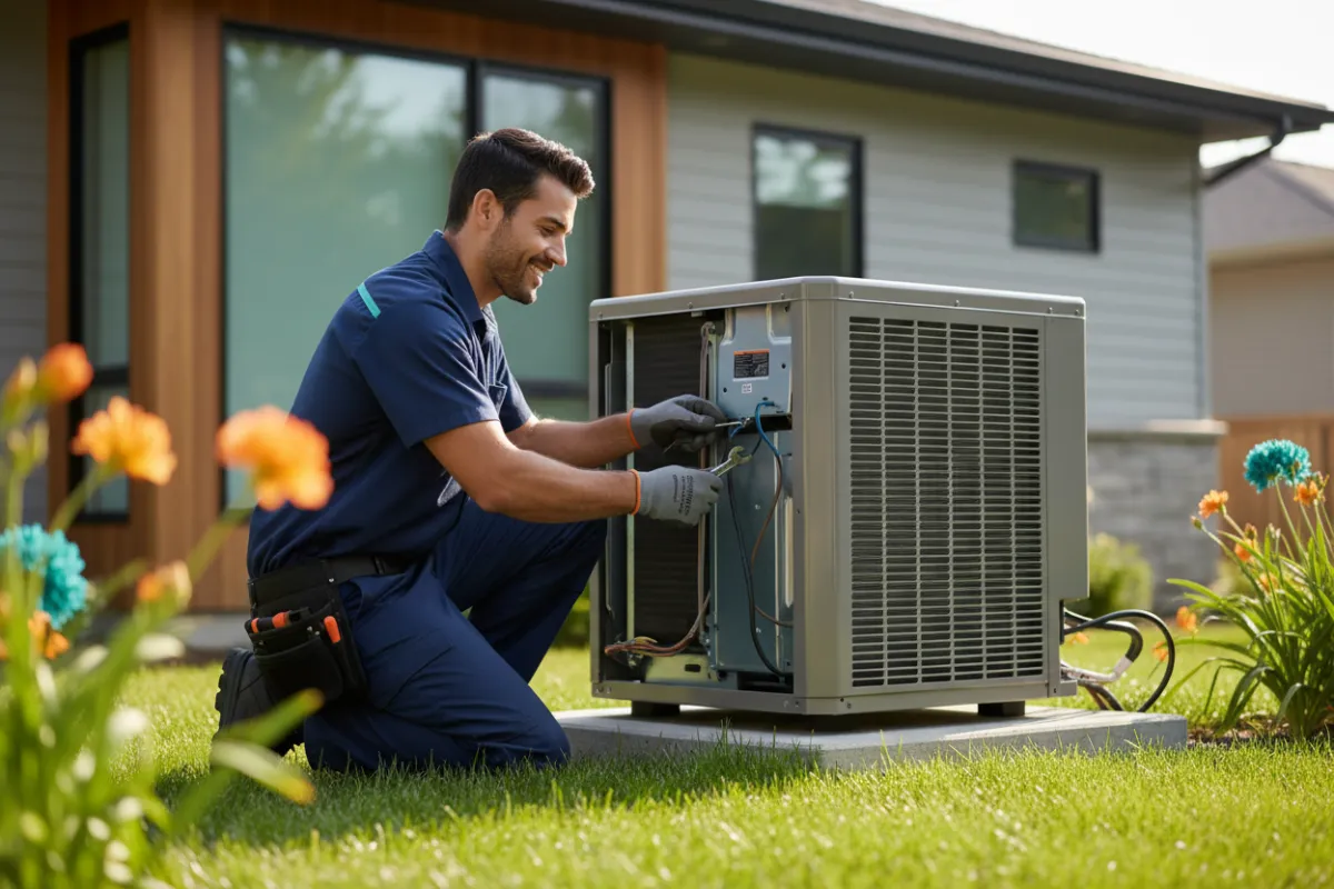 Professional HVAC technician servicing an air conditioning unit