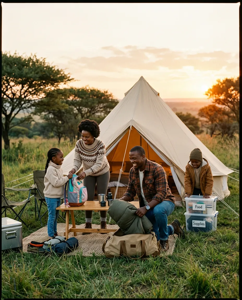 South African family enjoying a calm and organized camping weekend at sunset