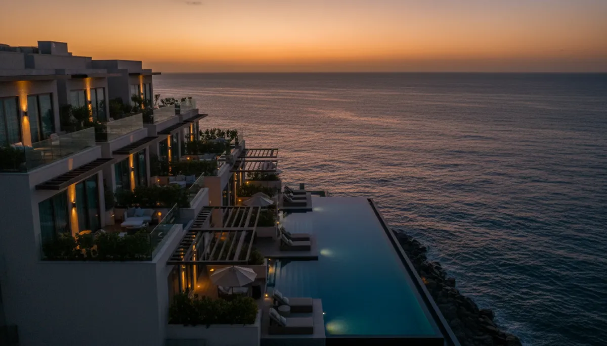 Grabación aérea de hotel frente al mar