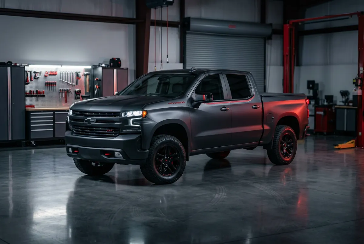 Customized vehicle parked inside The Truck Shop facility