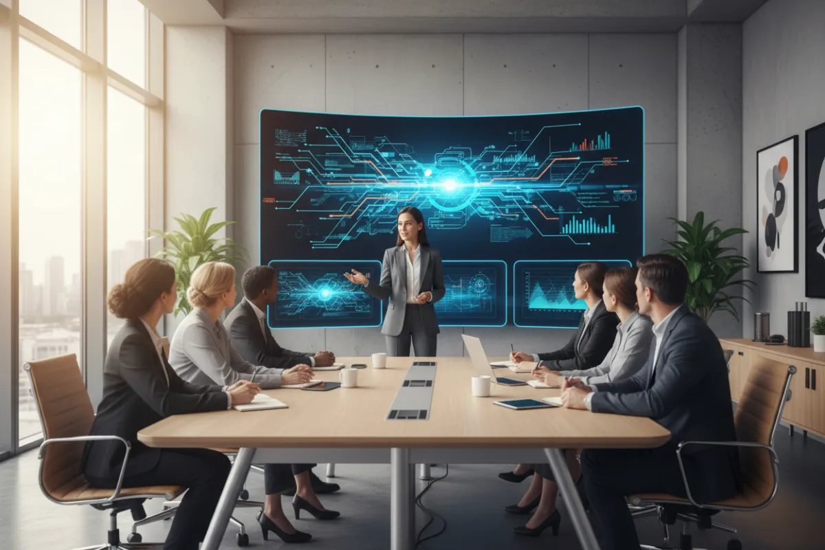 A confident AI consultant presenting automation strategies to a diverse group of small business owners in a sleek, modern office with digital screens displaying data flows. The scene is vibrant, professional, and forward-thinking, with natural daylight and a collaborative atmosphere.