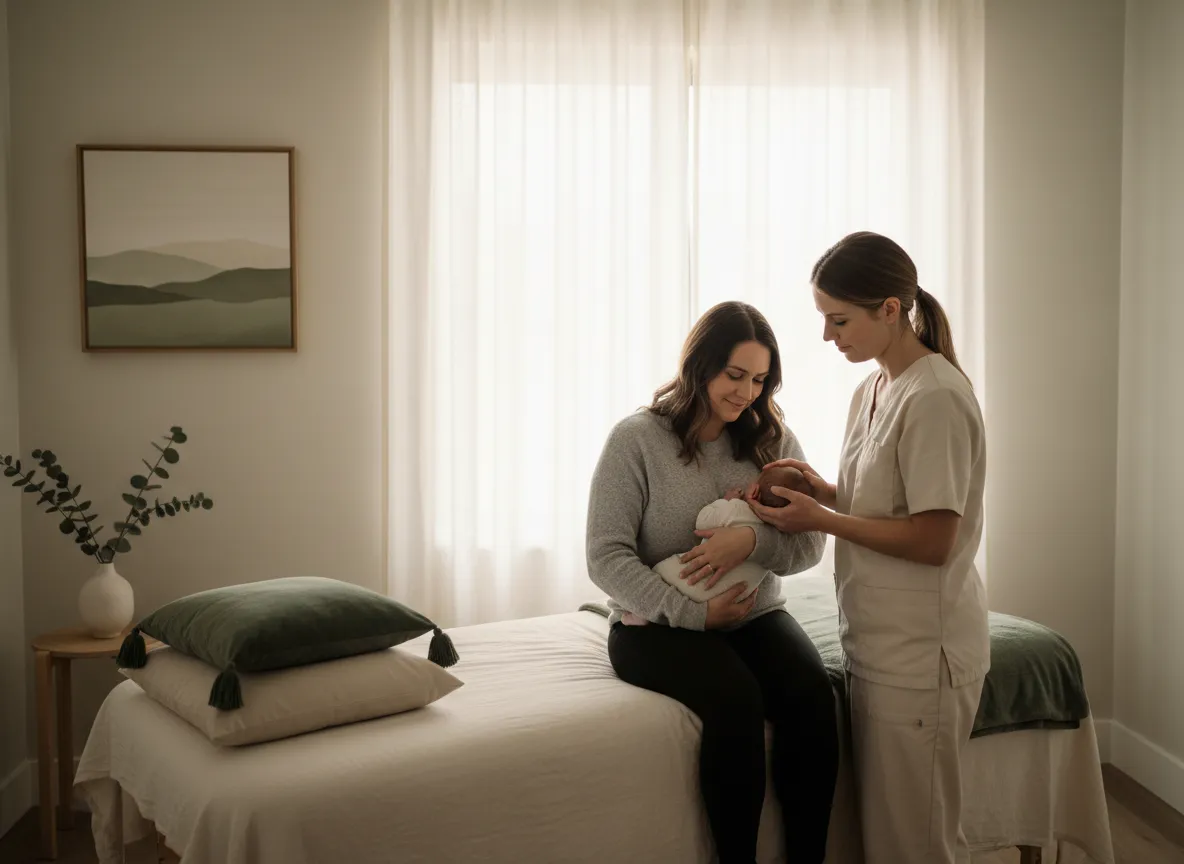 Parent holding calm baby during gentle craniosacral therapy session