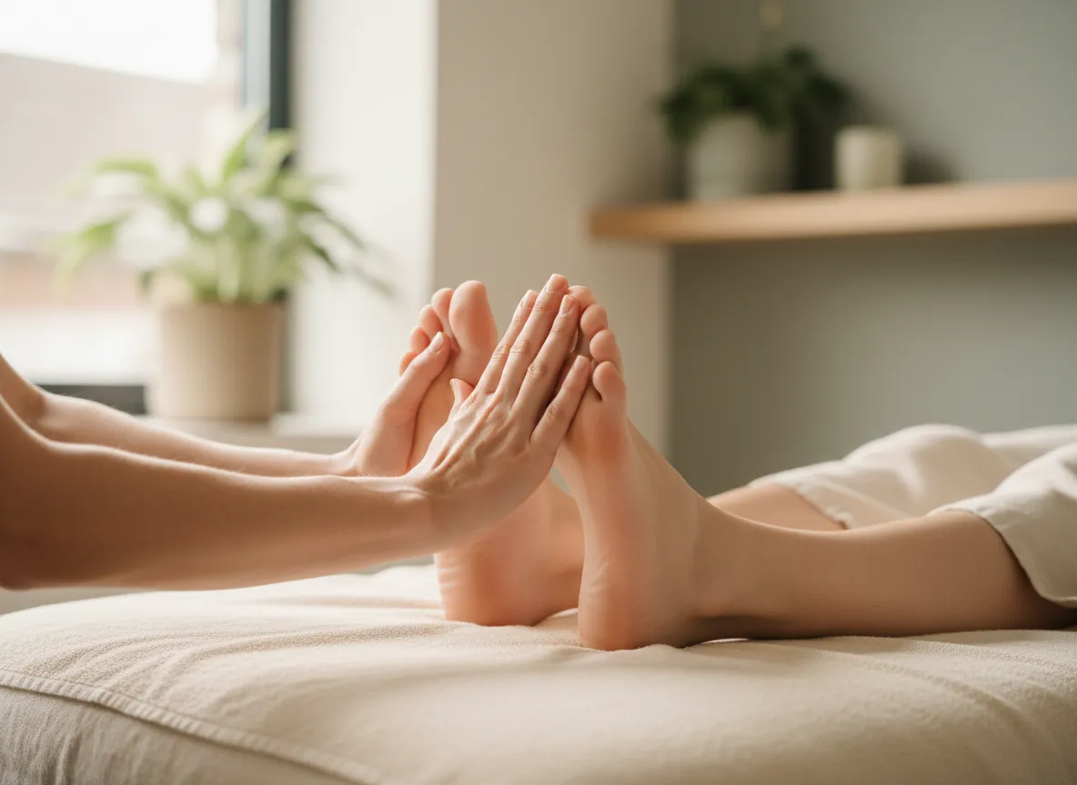 Relaxing reflexology foot treatment in a calm spa-like setting