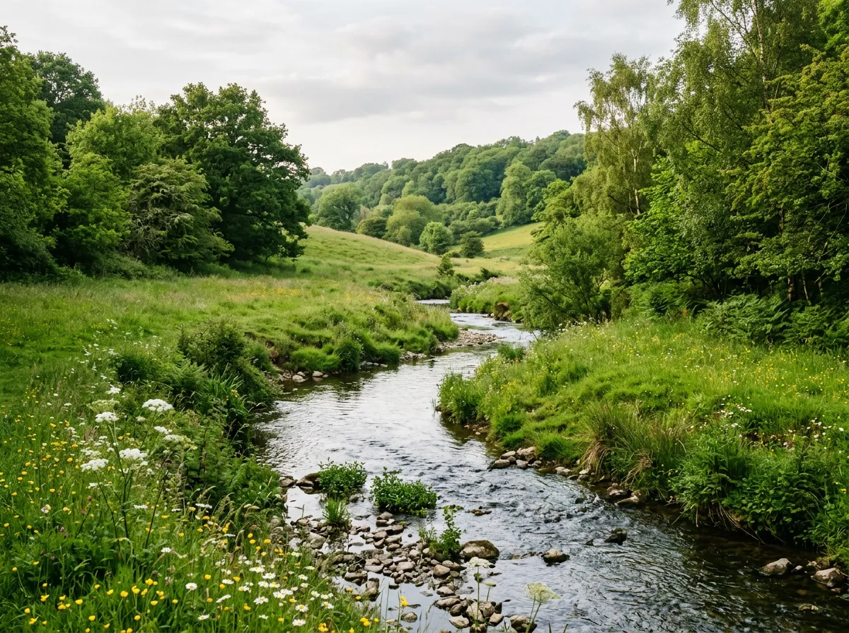 A gently flowing stream through a green natural landscape
