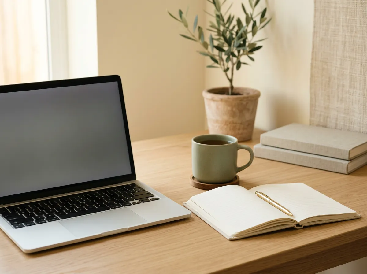 Calm desk workspace with notebook