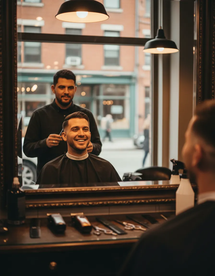Client looking in the mirror after a fresh haircut