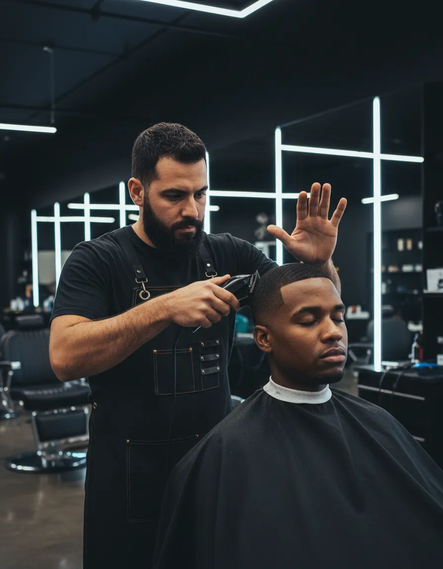 Barber giving a sharp fade at Korrey Kutz