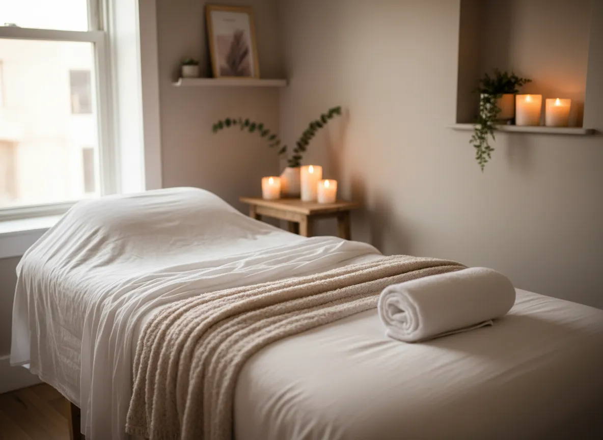 Calm spa treatment room with soft lighting and cozy linens