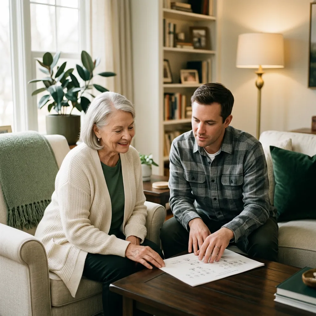 Supportive older adult having a calm, reassuring conversation with a family member in a warm, comfortable home