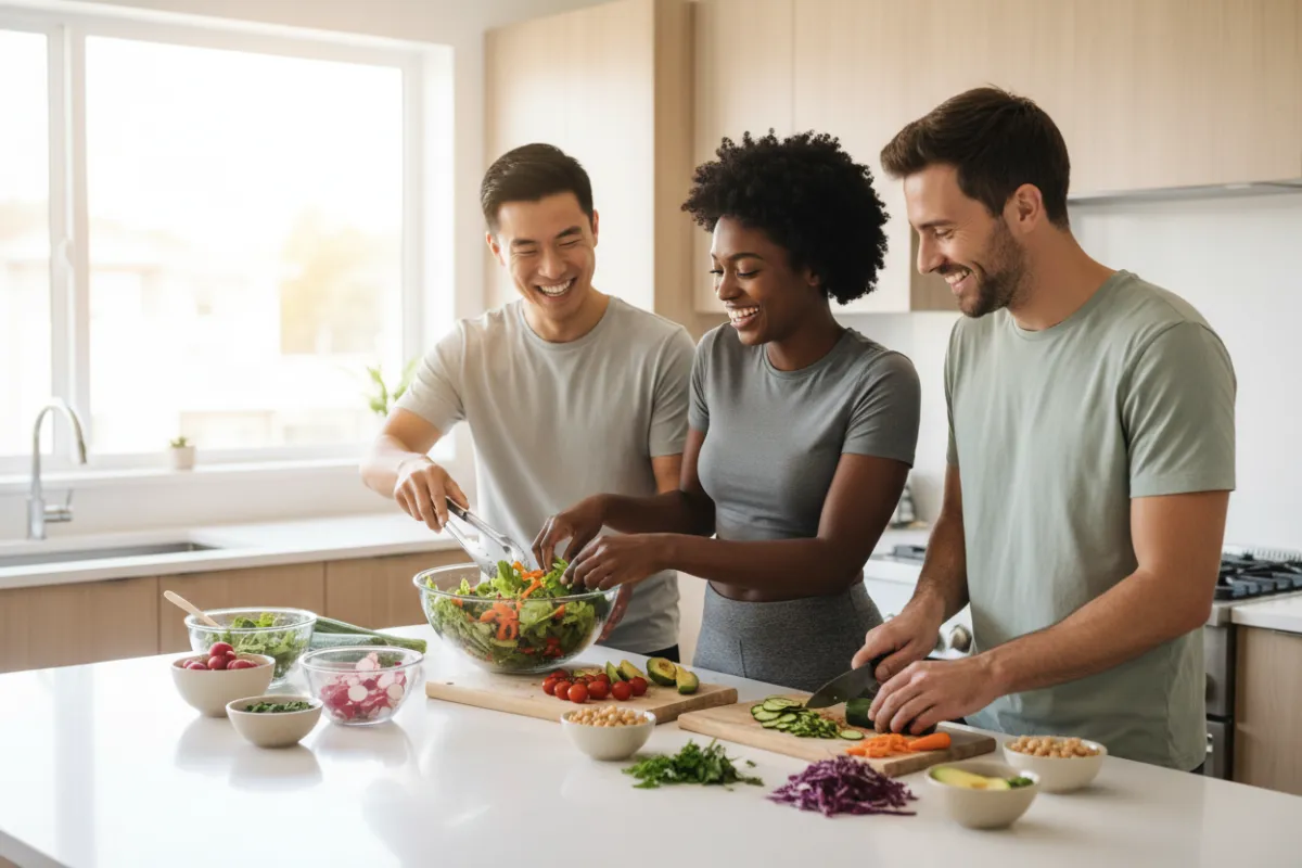 A diverse group of three adults—one Asian man, one Black woman, and one white man—smiling and preparing a colorful salad together in a modern kitchen. Sunlight streams in, highlighting fresh vegetables and a sense of teamwork, representing community and holistic health practices.