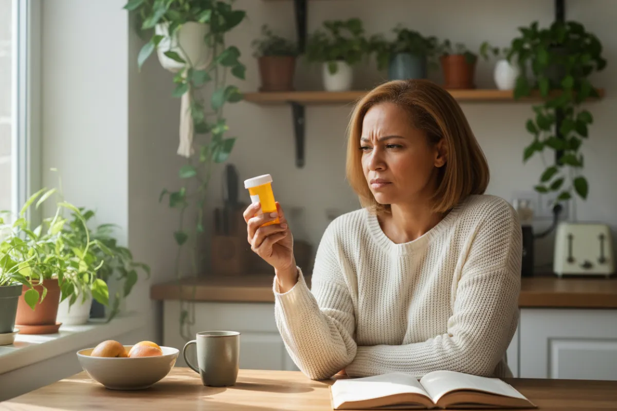 A thoughtful middle-aged woman with light brown skin, sitting at a kitchen table, reading a prescription bottle with a skeptical expression. The background shows a cozy, sunlit kitchen with plants and natural light, emphasizing a personal, relatable moment of health consideration.