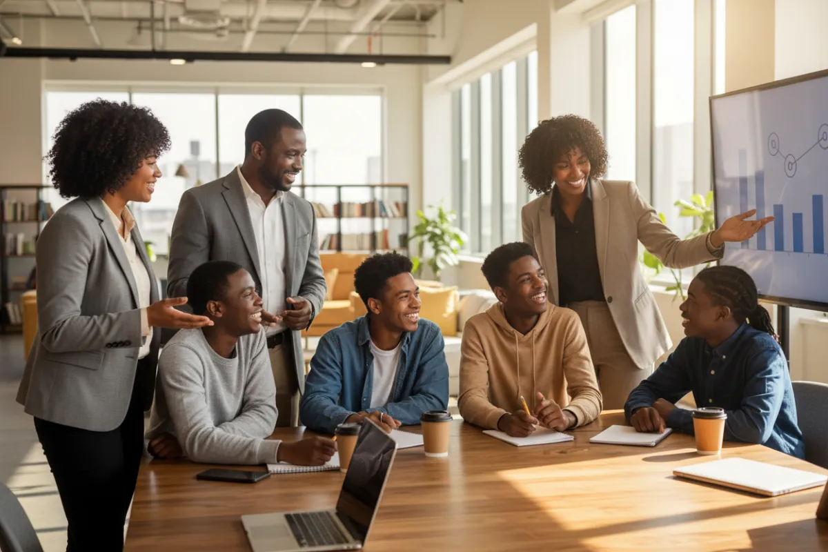 Black students and mentors who resemble business owners in a group with adult mentors and high school/college-aged students