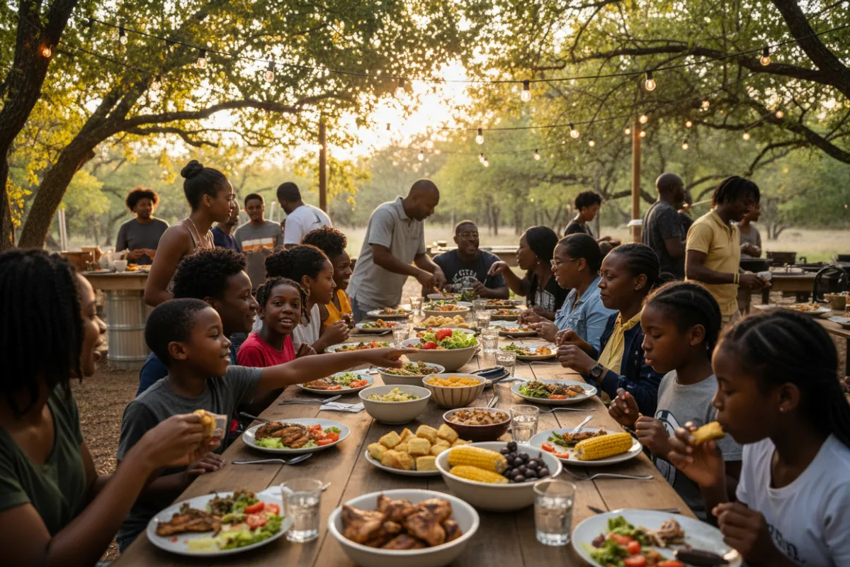 Brighter photo of young Black women, men, boys, and girls gathered around a large round table with Bibles, engaged in conversation and study.