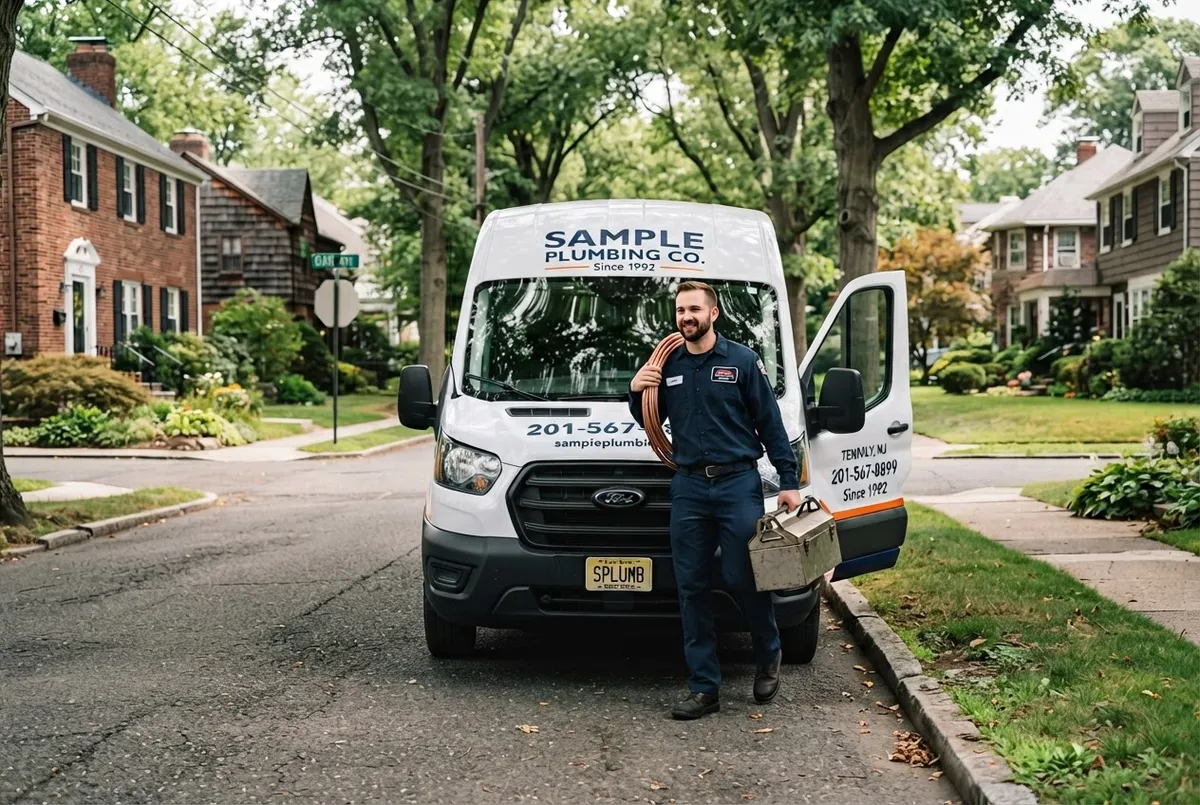Plumbing service van and technician arriving promptly for emergency water leak repair