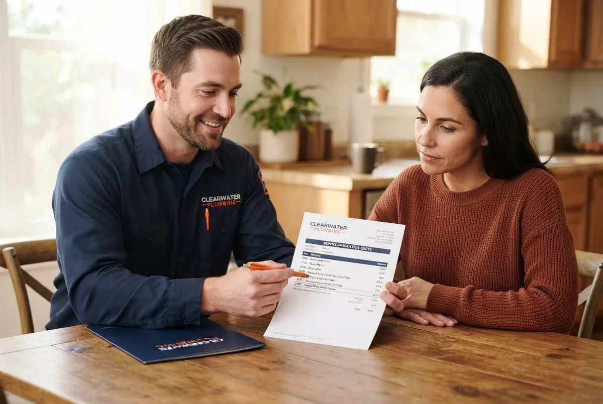 Plumbing expert providing a written itemized diagnostic quote to a homeowner