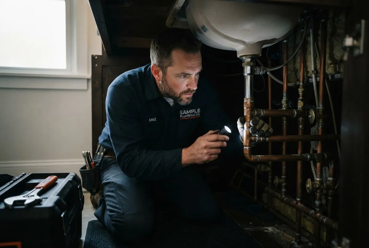 Licensed local plumber inspecting residential copper pipe infrastructure under natural lighting