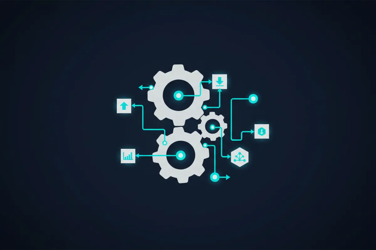 Flat tech/AI abstract illustration with cyan accents on dark background