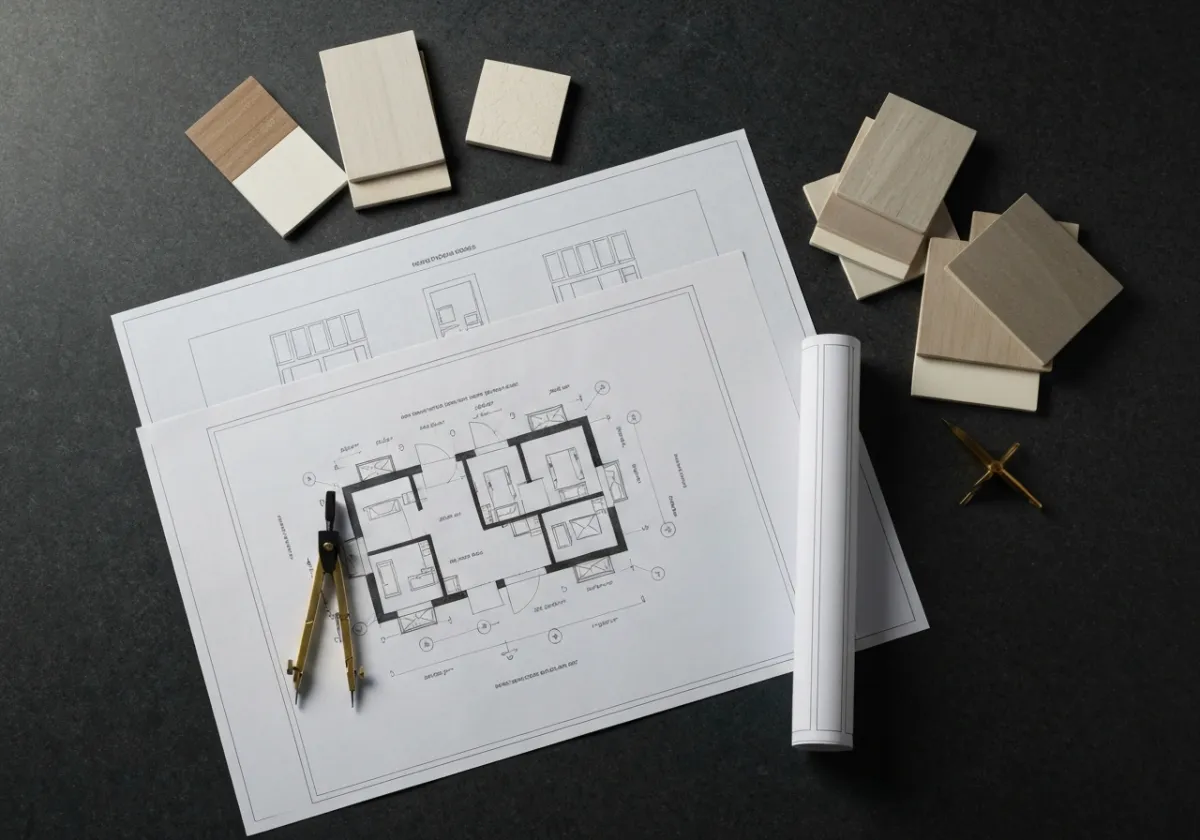 Architectural blueprints overlaid with material samples for a bespoke design consultation
