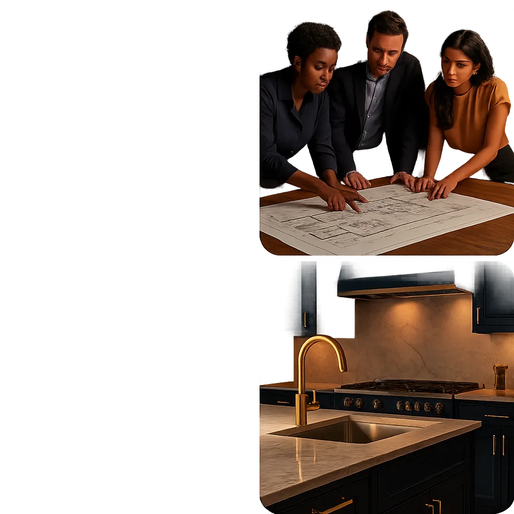 Premium composite showcasing luxury kitchen and bathroom designs across the Memorial, Katy, Sugar Land, and Woodlands areas.