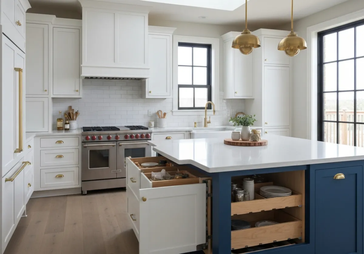 Architectural kitchen workflow optimization showcasing island placement and prep zones