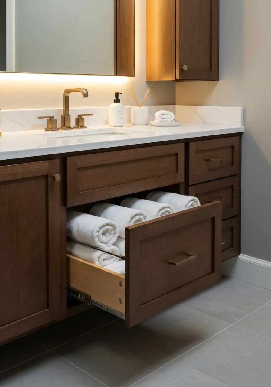 Custom floating vanity with intelligent storage solutions