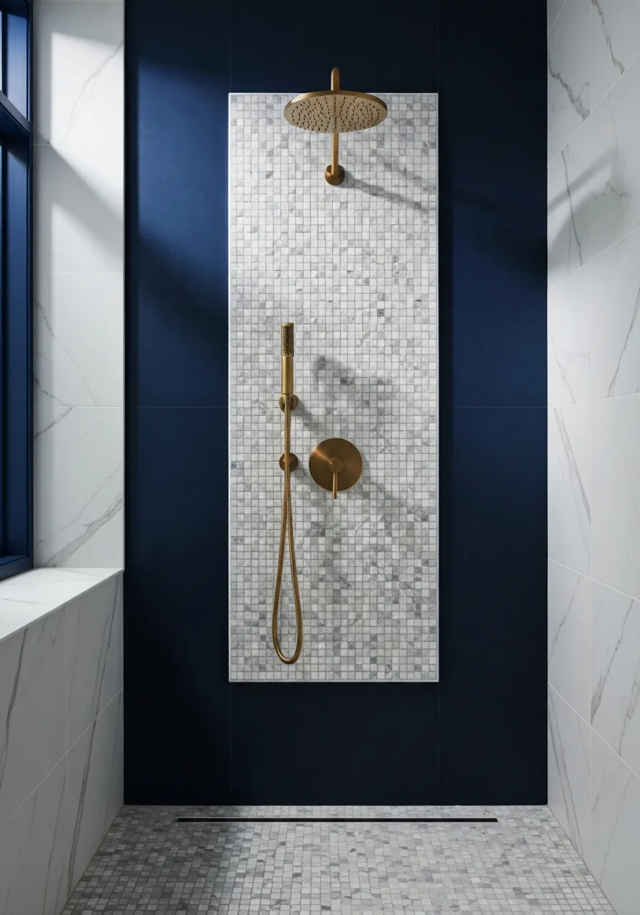 Premium completed luxury shower remodel highlighting custom stonework and precision design