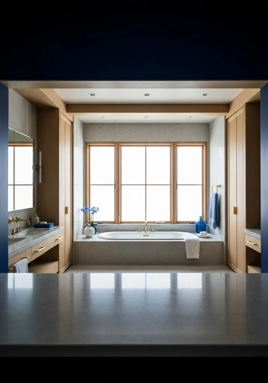 Spa-inspired luxury bathroom remodeling in Montgomery Texas showcasing premium stone and custom ventilation