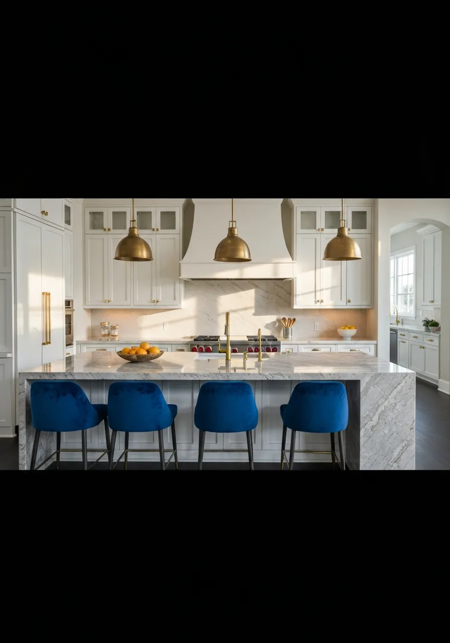 A bright, high-end Katy kitchen with natural stone elements, framed by a delicate gold accent