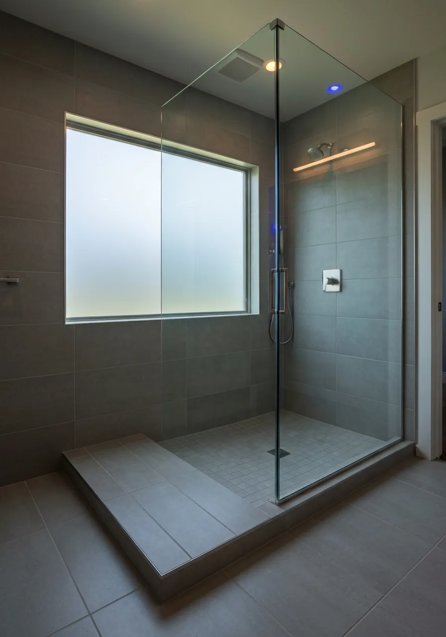 Seamless curbless shower entry with structural glass enclosure