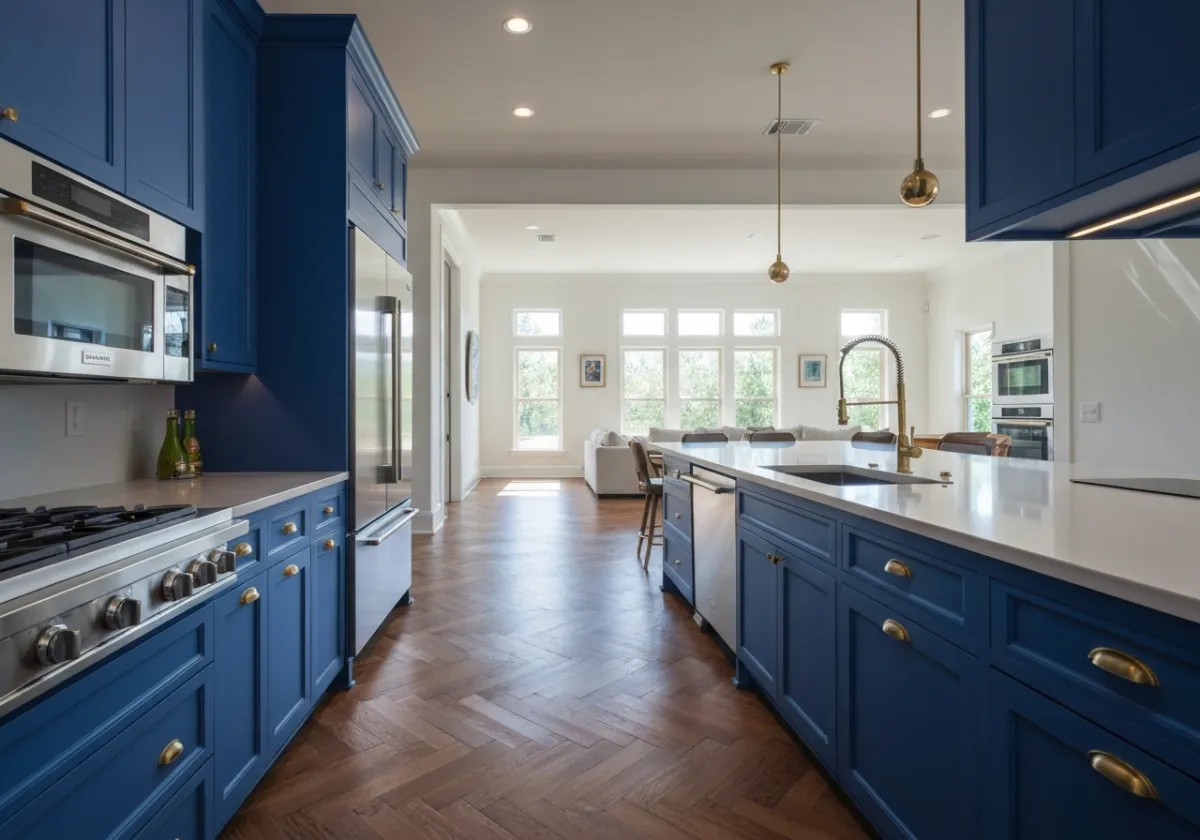 A modern, well-lit kitchen showing optimized workflow layout
