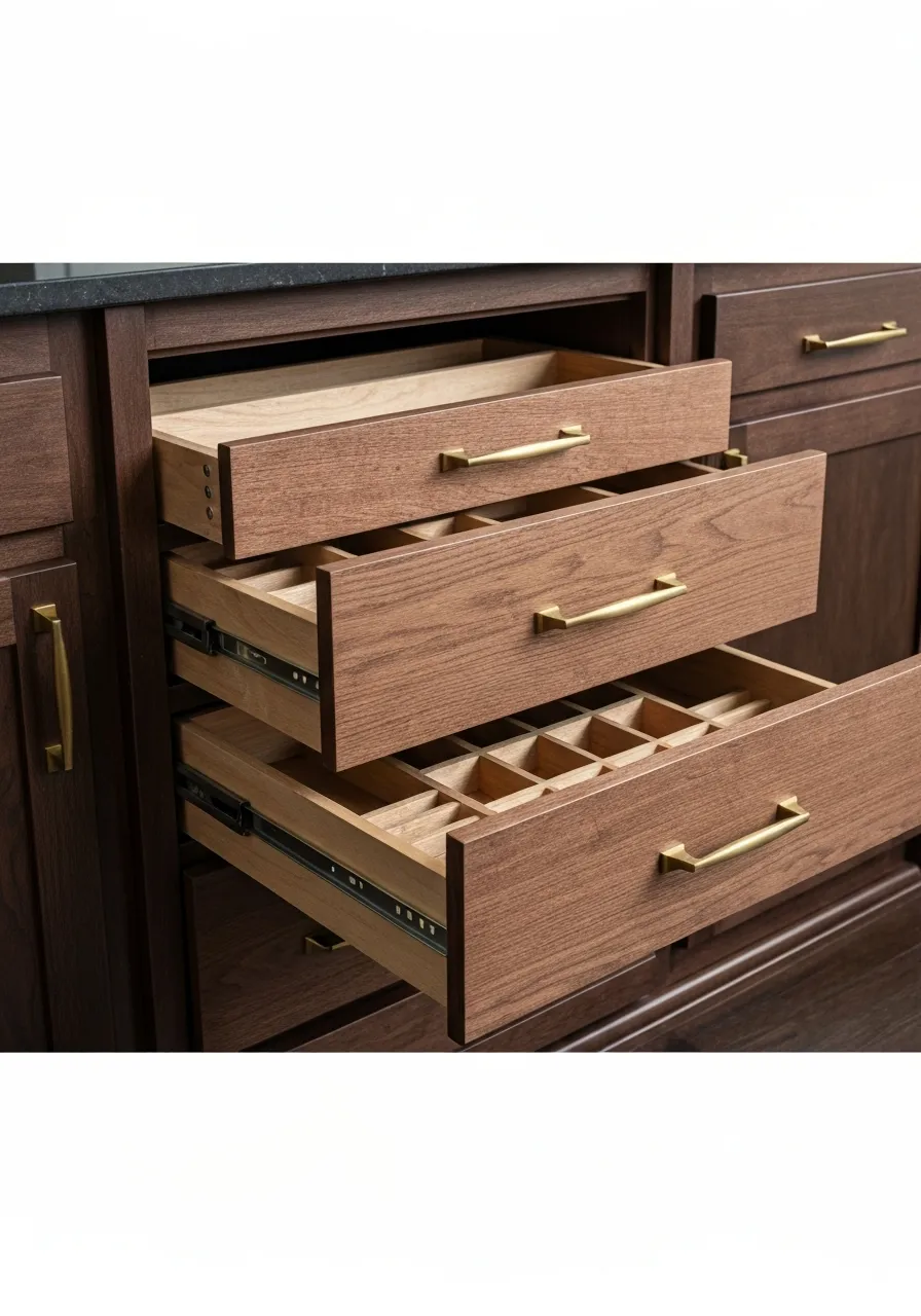 Custom cabinetry with built-in storage solutions and brass accents