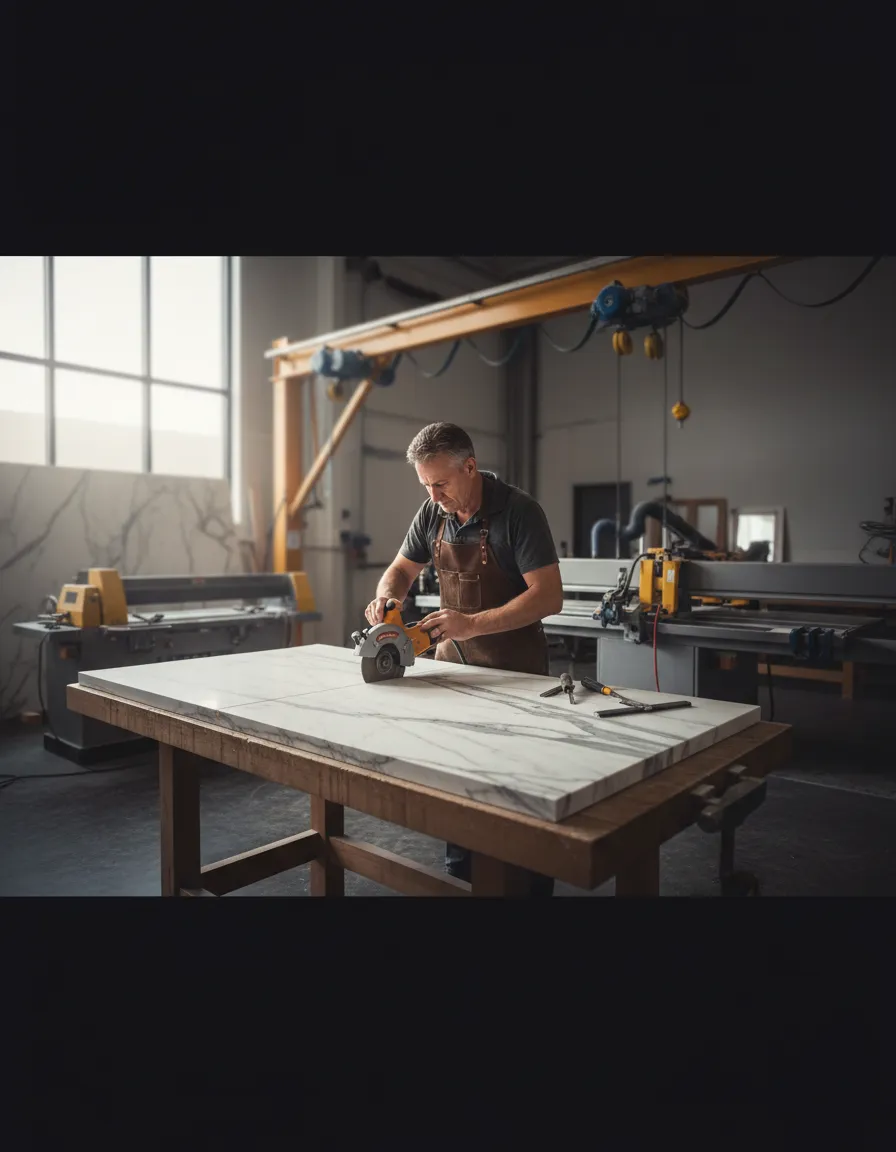 Master craftsman performing precision stone-cutting on a high-end marble slab in the Kingwood workshop